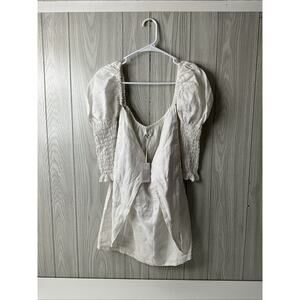 NWT Women's L Posse Dakota Mini Dress Size White Linen Tie Front Puff Shoulder